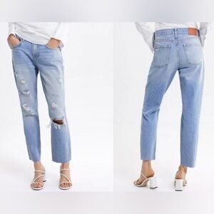 Zara Cigarette Jeans in Sunrise Blue Distressed Straight Leg